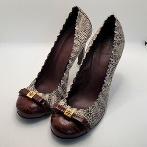 Like new!  Tory Burch 4"Heels Womens Brown 10M GreyWood Marie-Pitone Rocha Snake